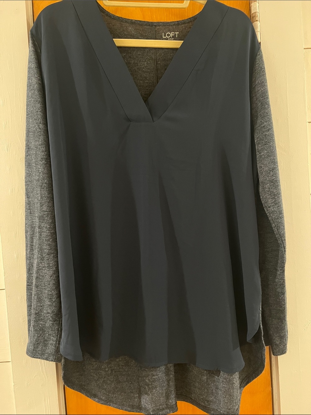 LOFT Navy V-Neck Front with Gray Knit Back and Sleeves